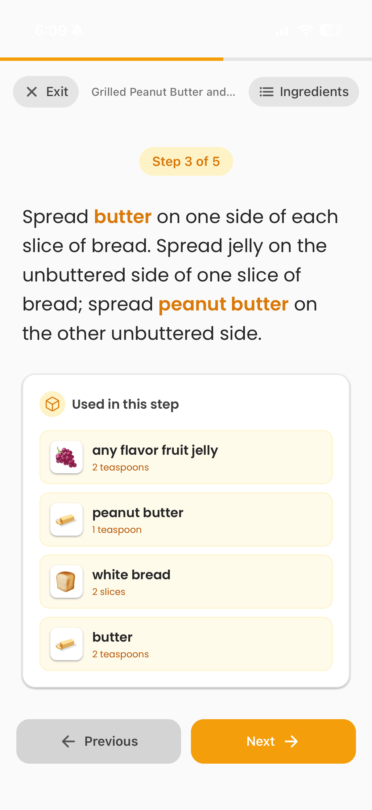 CookPal cook mode showing step-by-step instructions with ingredients for each step