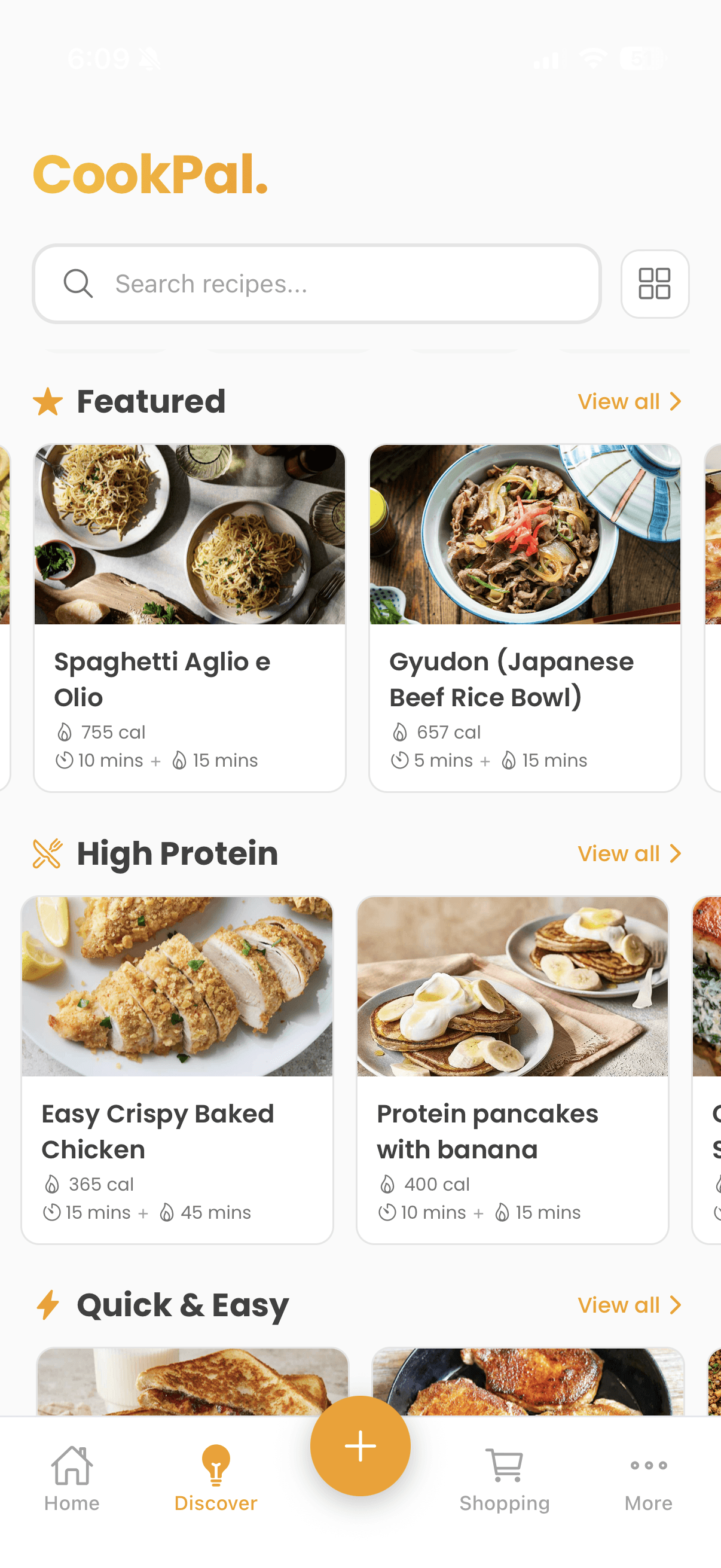 CookPal discover page showing curated recipe collections by category