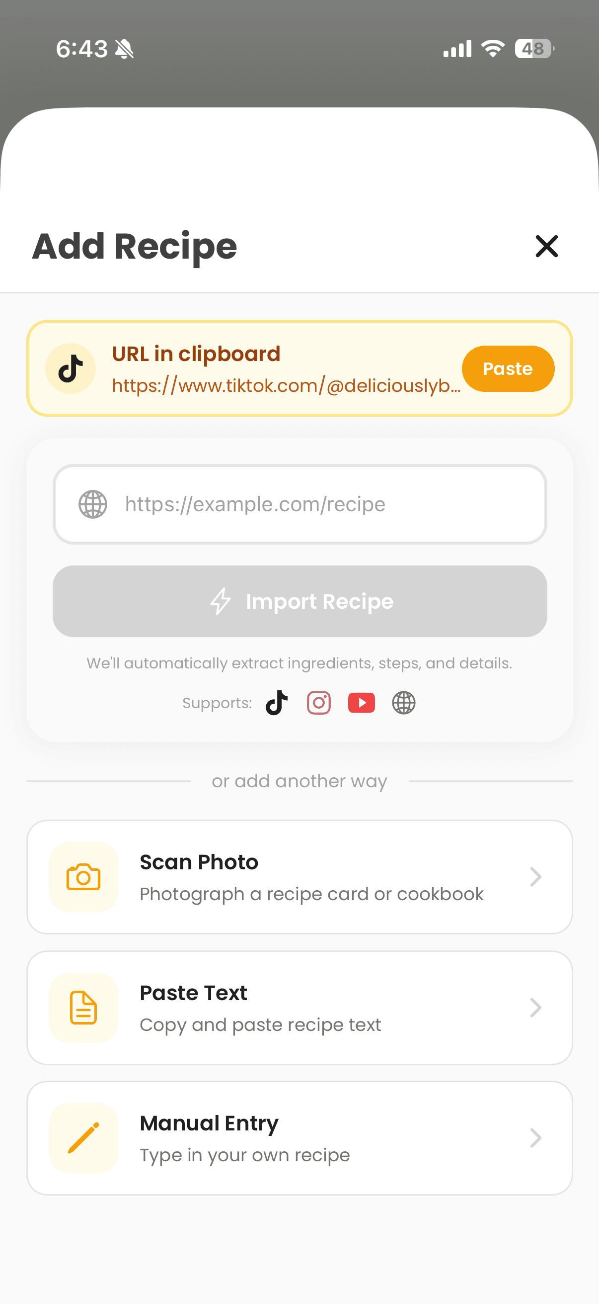 CookPal recipe import screen showing URL import, photo scanning, and text paste options