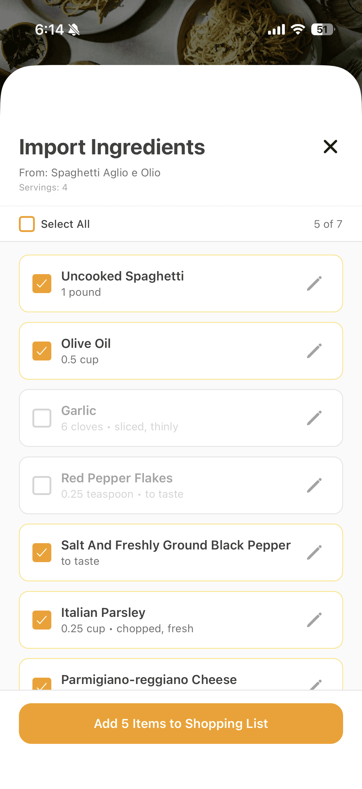 Import ingredients to shopping list with checkbox selection