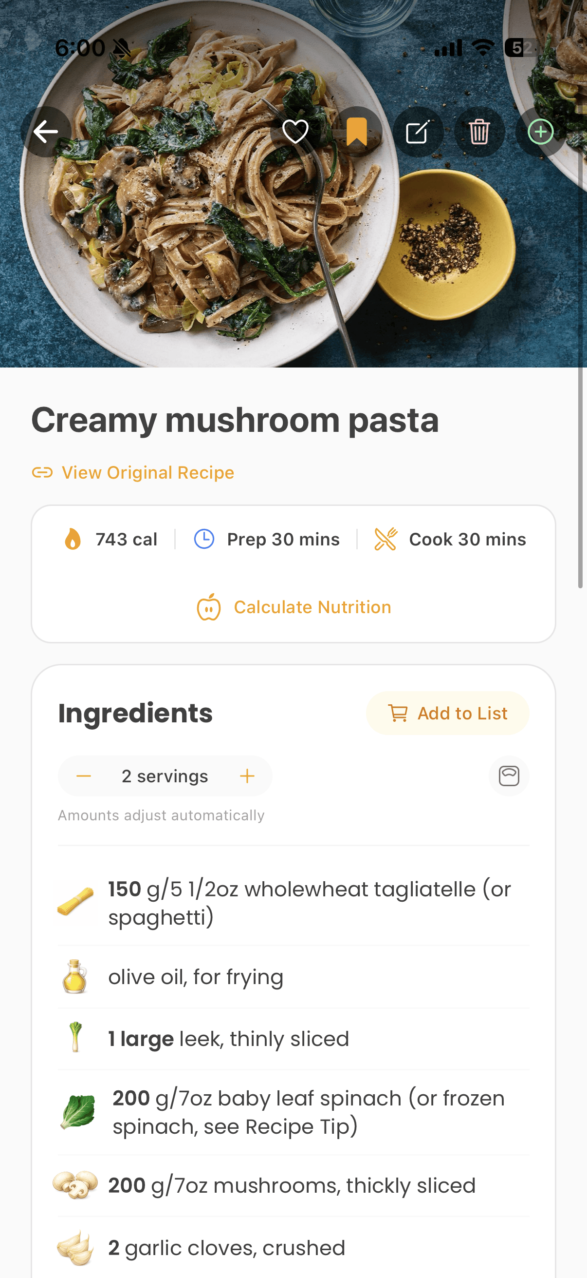 Recipe details showing ingredients with serving size controls