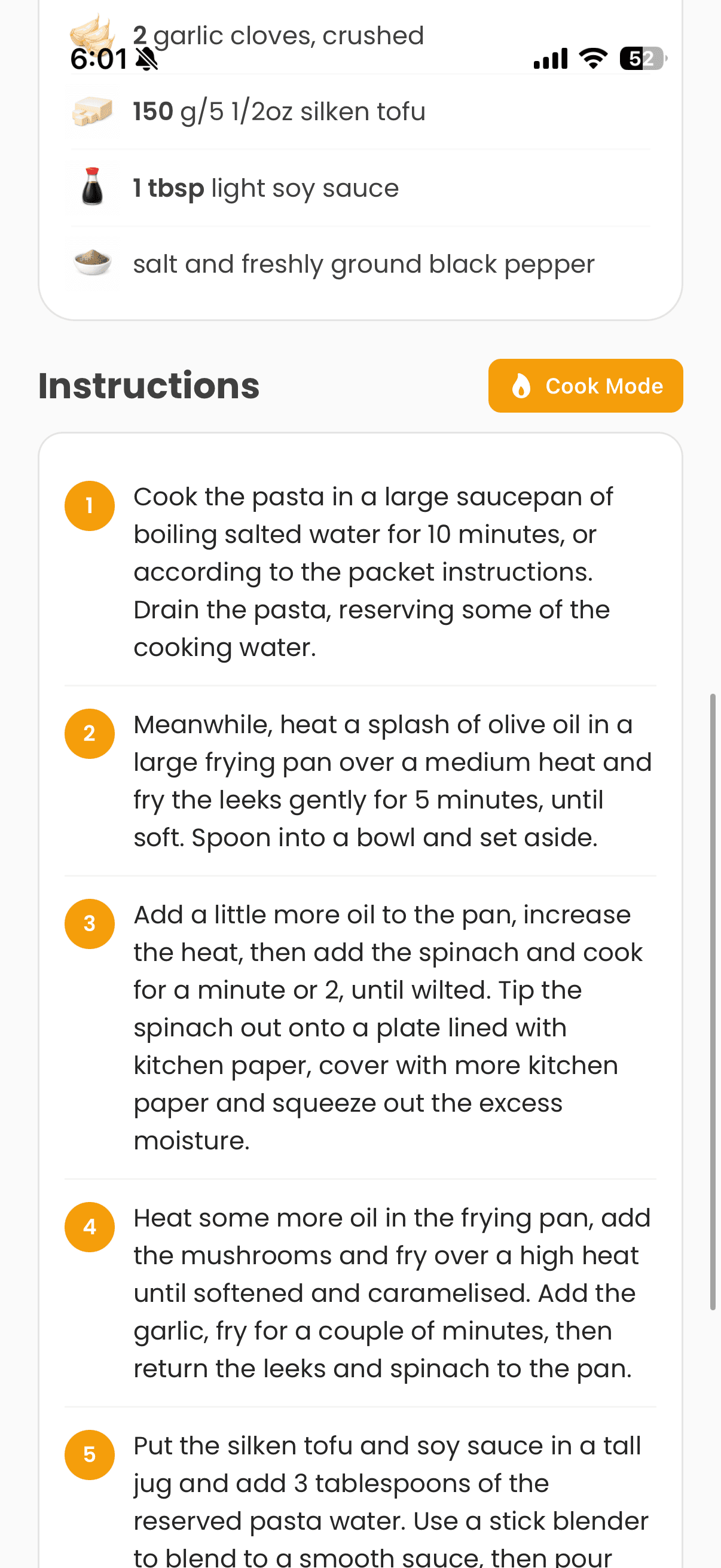 Recipe details showing step-by-step instructions