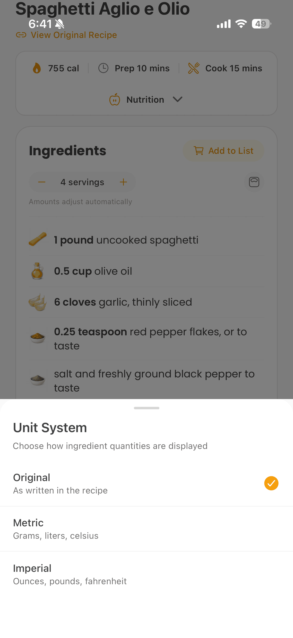 Unit conversion options showing original, metric, and imperial