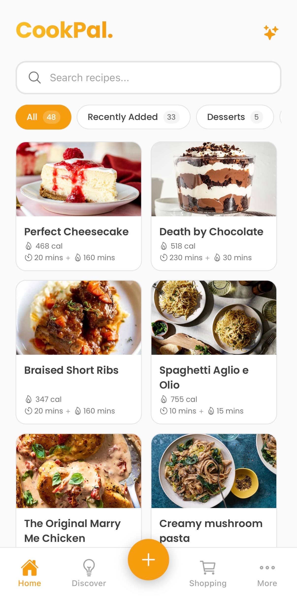 CookPal home page showing saved recipe collection